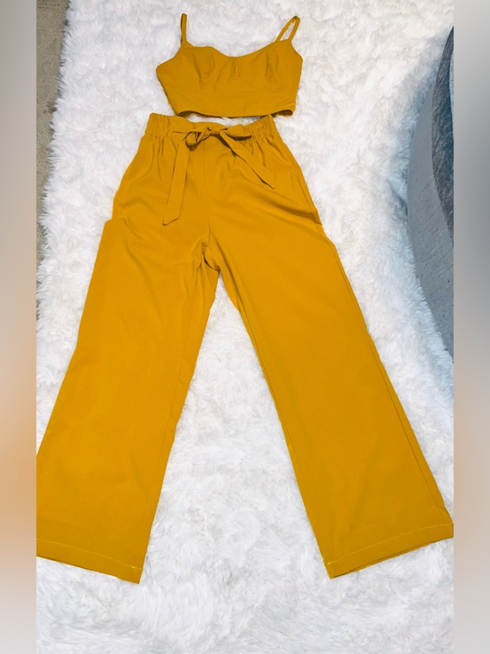 2 Pc Women's Mustard Wide-Leg Pants with Waist Tie with halter top